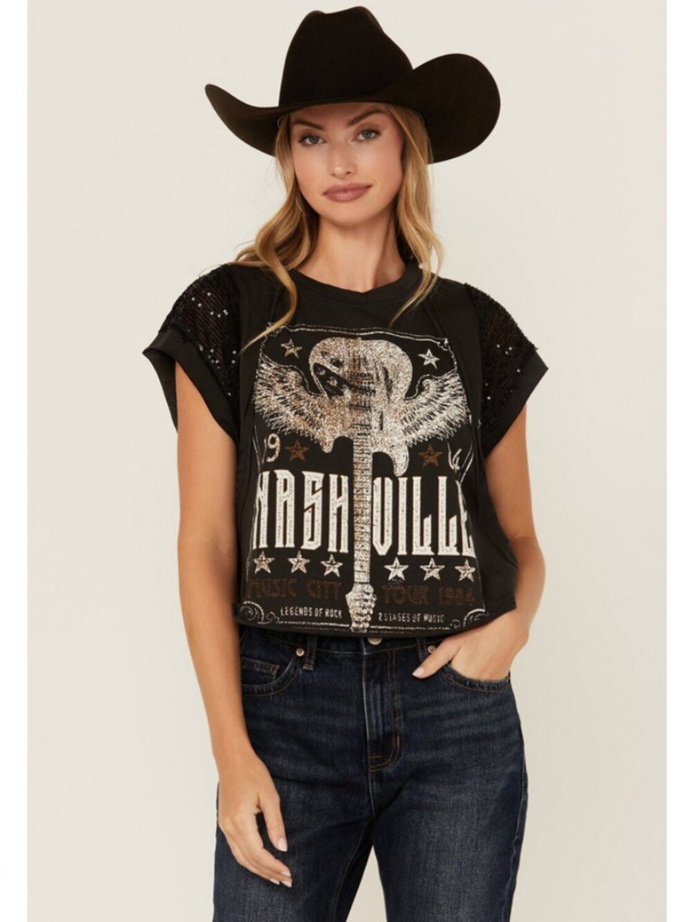 Originality Sz. L Black Nashville Lace Short Sleeve Graphic Tee